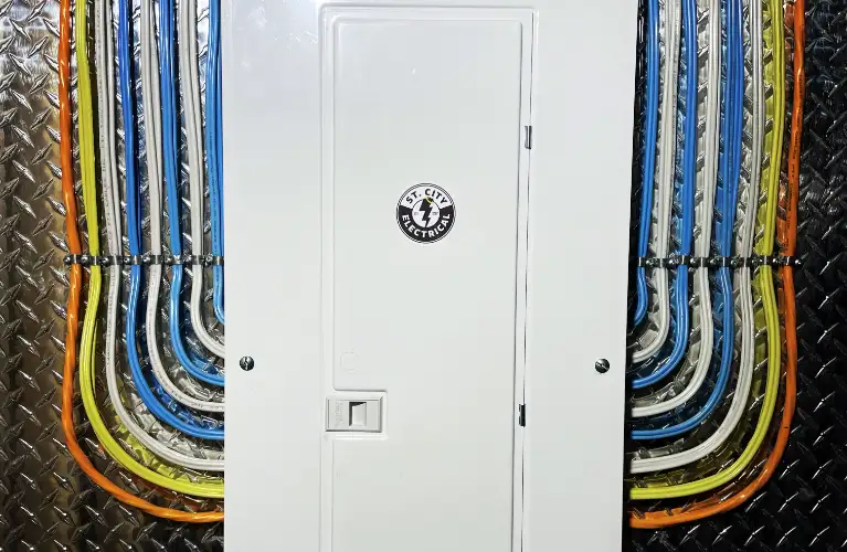 Neatly organized electrical cables in blue, grey, yellow, and orange colors secured with cable ties, running into a white electrical service panel with a 'St. City Electrical' logo.