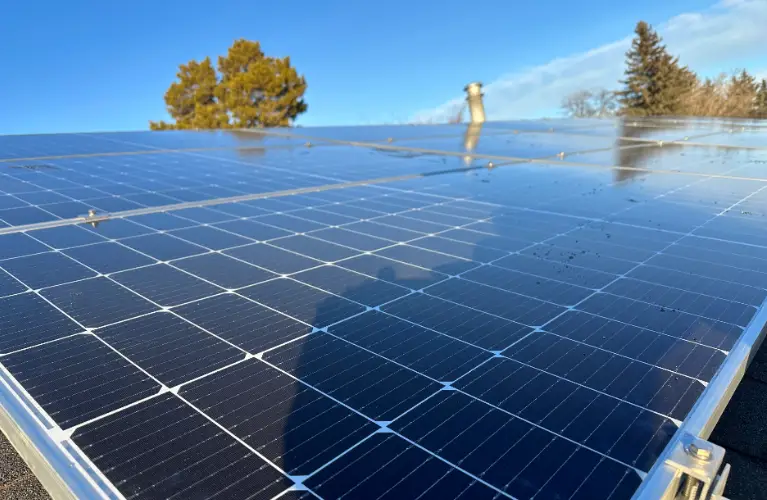 Array of solar panels installed on a rooftop, with a shallow depth of field focusing on the reflective surfaces, surrounded by a clear blue sky and distant trees.