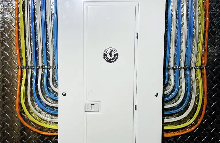 Neatly organized electrical cables in blue, grey, yellow, and orange colors secured with cable ties, running into a white electrical service panel with a &#039;St. City Electrical&#039; logo.